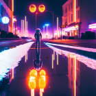 Nighttime scene: Person strolling neon-lit street with vibrant reflections