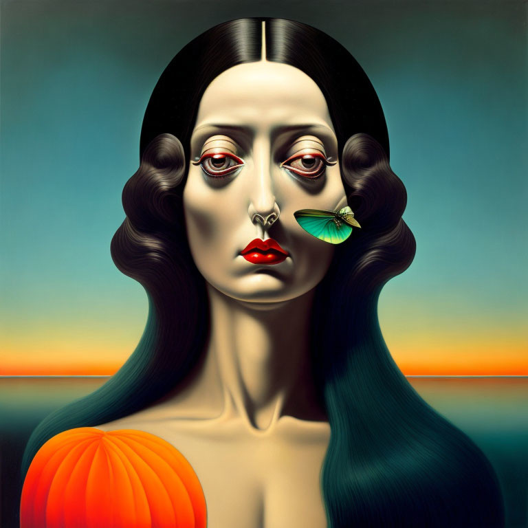 Surreal portrait of woman with pale skin and dark hair, butterfly on cheek, pumpkin below