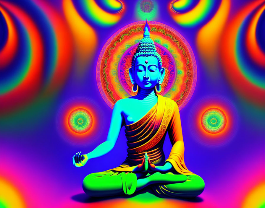 Colorful Meditating Buddha with Multicolored Aura on Purple Background
