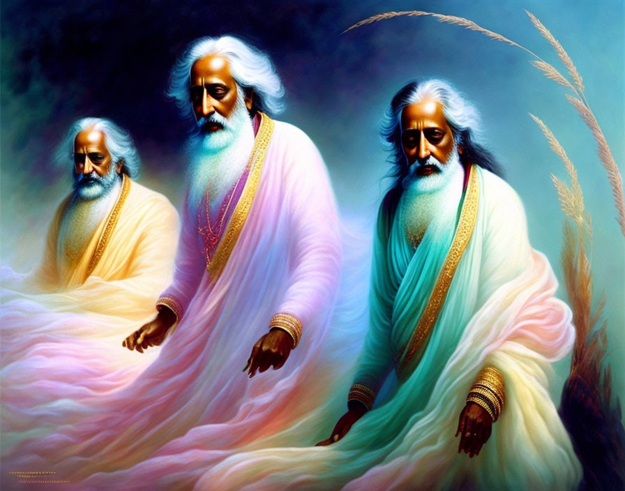 Ethereal figures in traditional Indian attire against radiant background