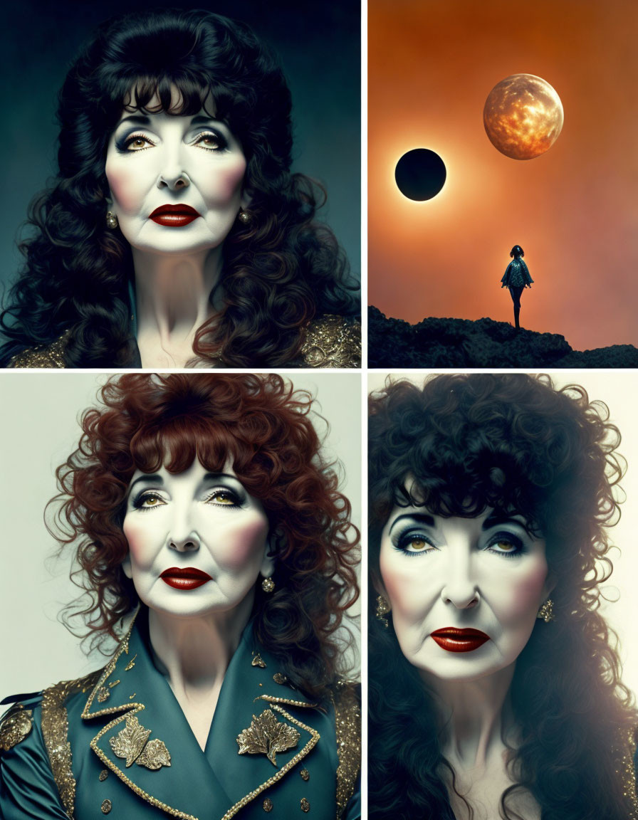 Four-panel portrait of woman with voluminous black hair and theatrical makeup, surreal scene with person gazing