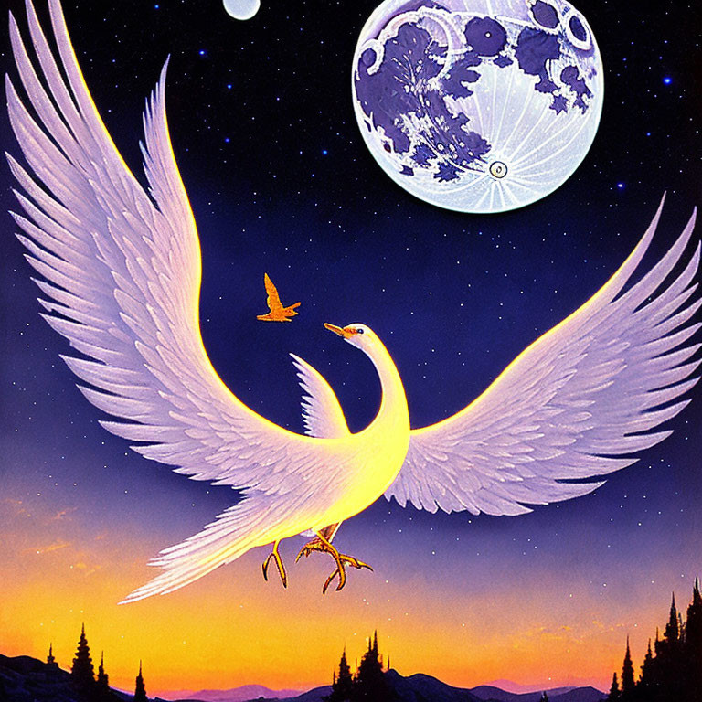 White bird with expansive wings soaring under starry sky with full moon and small butterfly