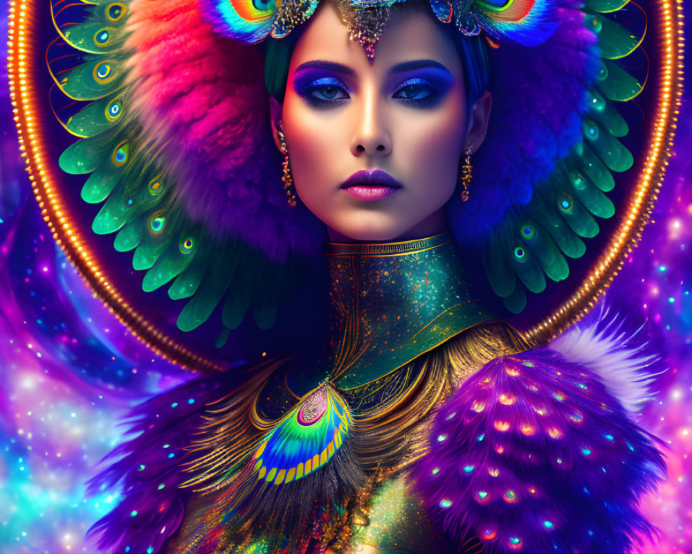 Person with Blue Eyes Wearing Elaborate Headpiece and Cosmic Bodice