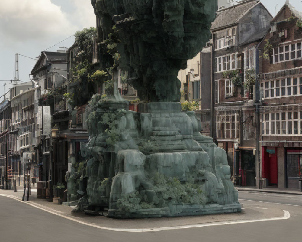 Large Green Cascading Mountain-Like Sculpture in Urban Setting