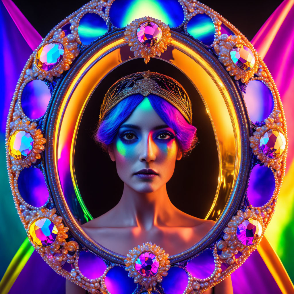 Blue-haired woman with makeup in ornate mirror on neon-lit backdrop