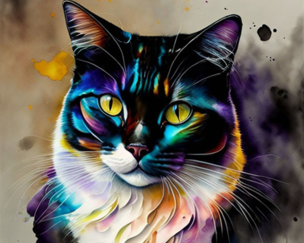 Colorful Watercolor-Style Painting of a Cat with Green Eyes