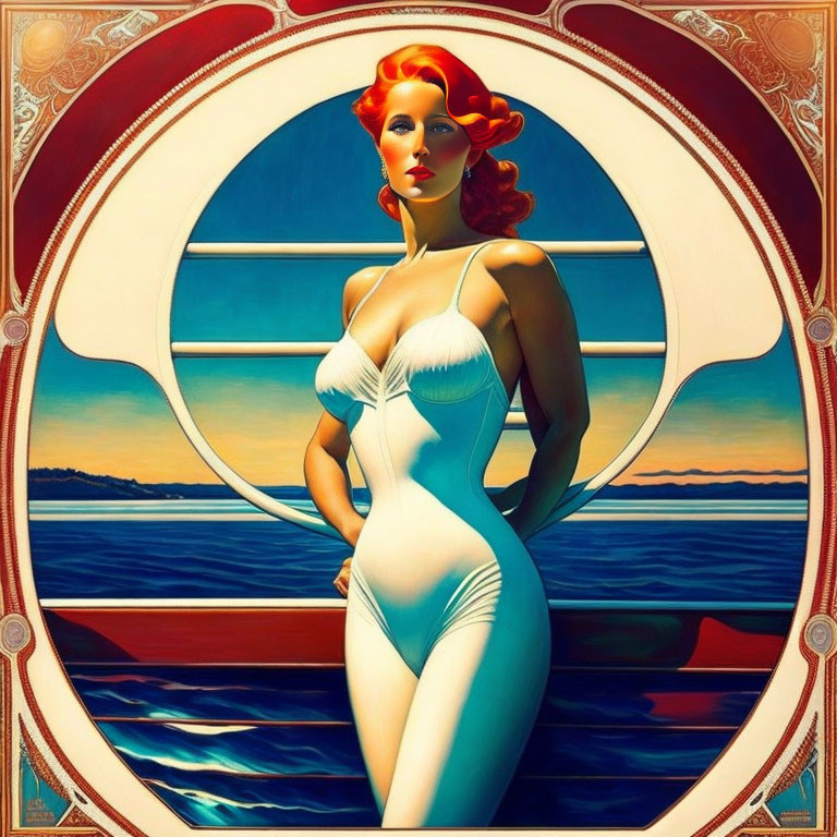 Art Deco Style Illustration: Red-Haired Woman in White Swimsuit by Sea
