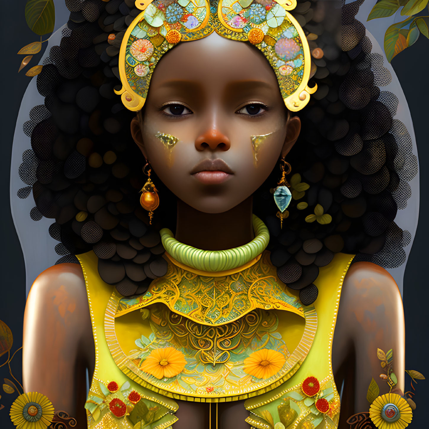 Detailed illustration of girl in ornate golden headgear, vibrant yellow attire, green jewelry, and face