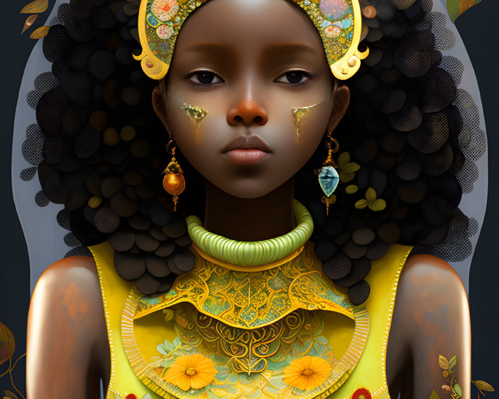 Detailed illustration of girl in ornate golden headgear, vibrant yellow attire, green jewelry, and face