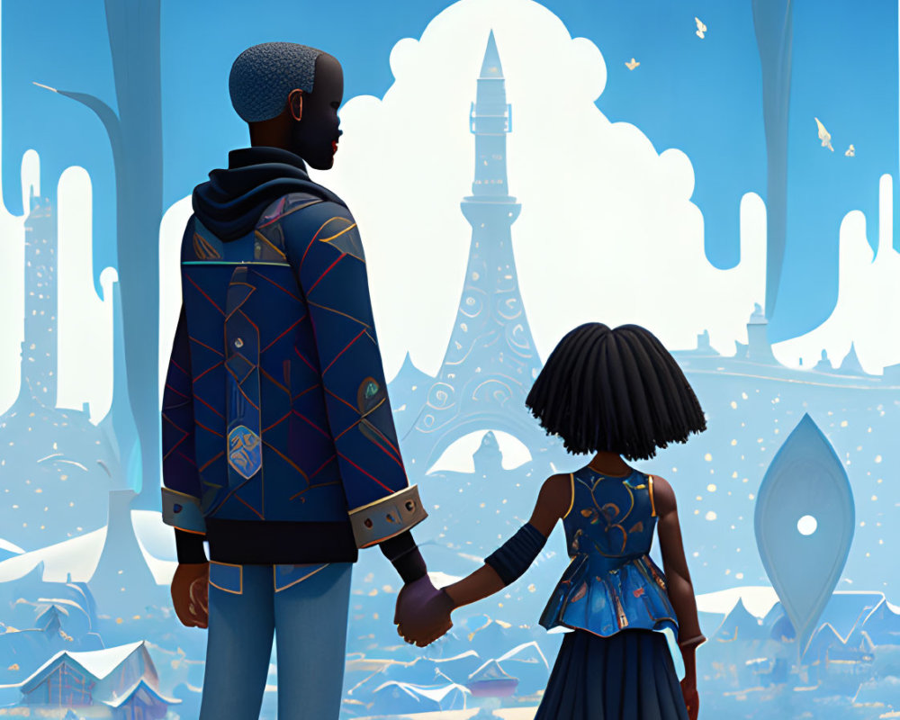 Adult and child gaze at futuristic cityscape with colorful trees and flying vehicles