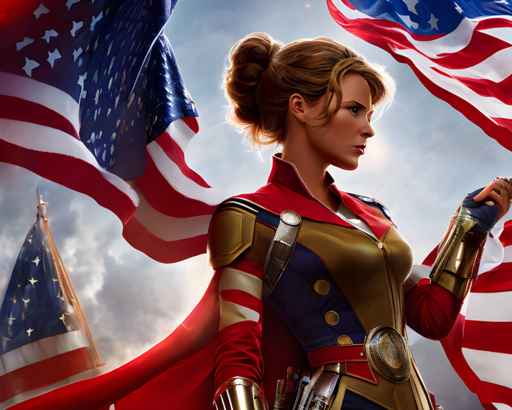 Stylized female superhero in American flag cape against sky backdrop