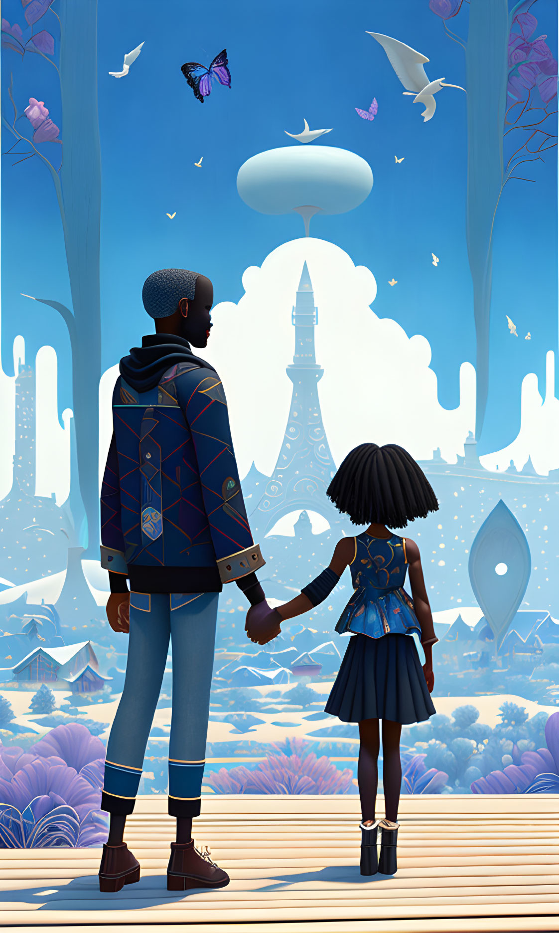 Adult and child gaze at futuristic cityscape with colorful trees and flying vehicles