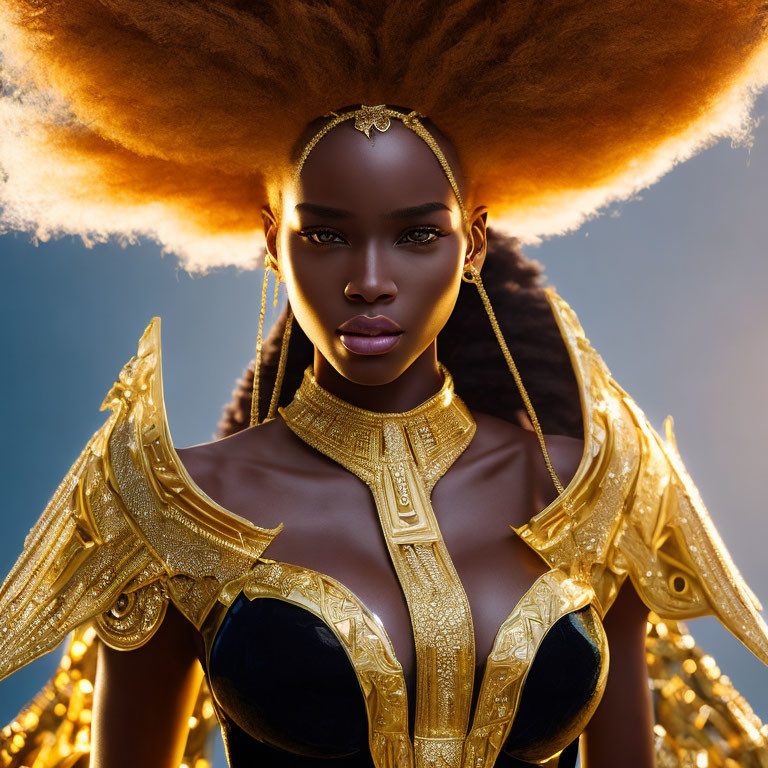 Striking Afro Woman in Gold Armor and Jewelry on Blue Background
