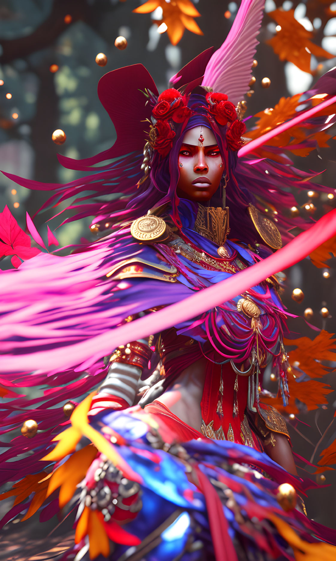 Purple-skinned fantasy figure in red and gold costume among autumn leaves