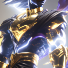 Stylized animated character with spiky gray hair in gold-trimmed blue armor surrounded by