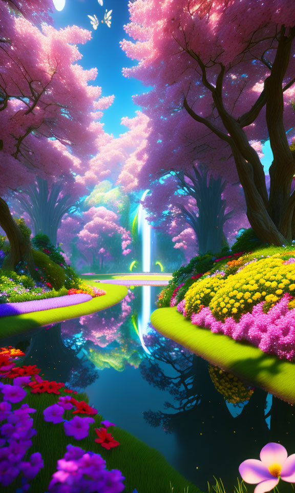 Fantasy garden with pink trees, reflective river, colorful flowers, and luminescent waterfall