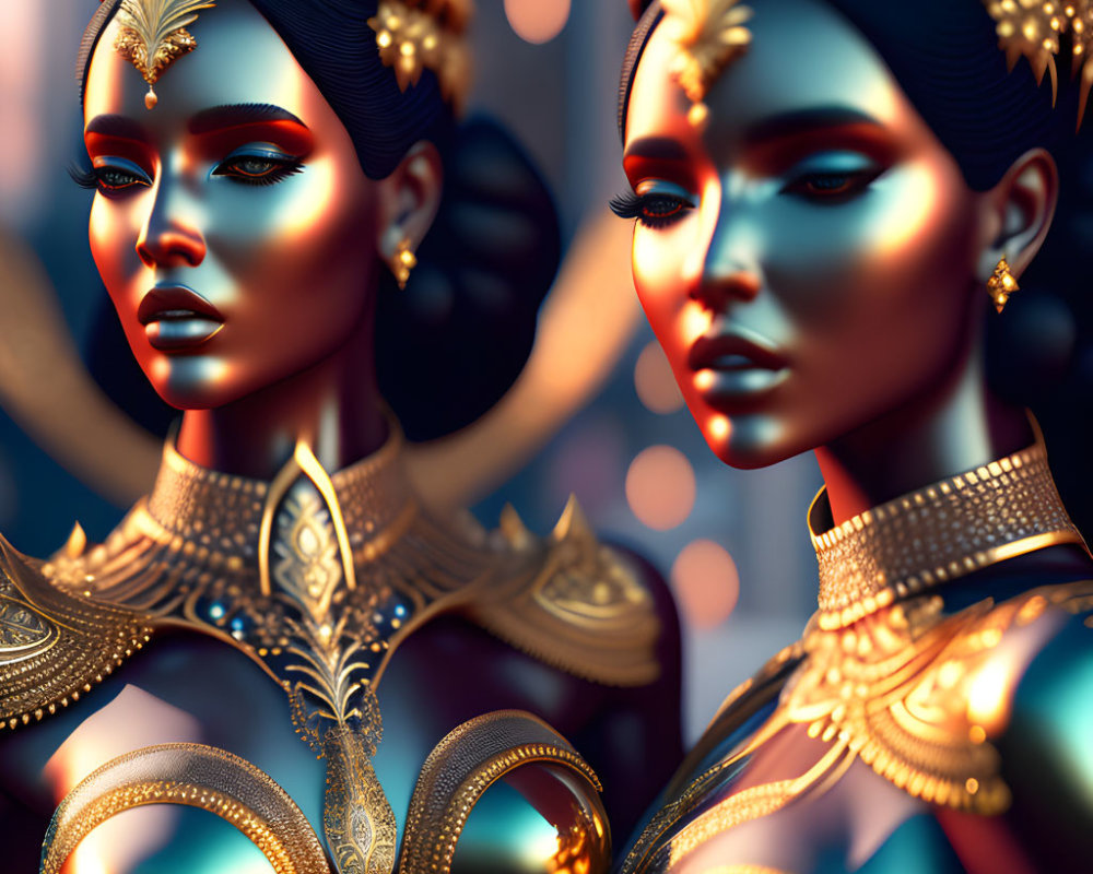 Golden-clad female figures with reflective skin and intricate headpieces.