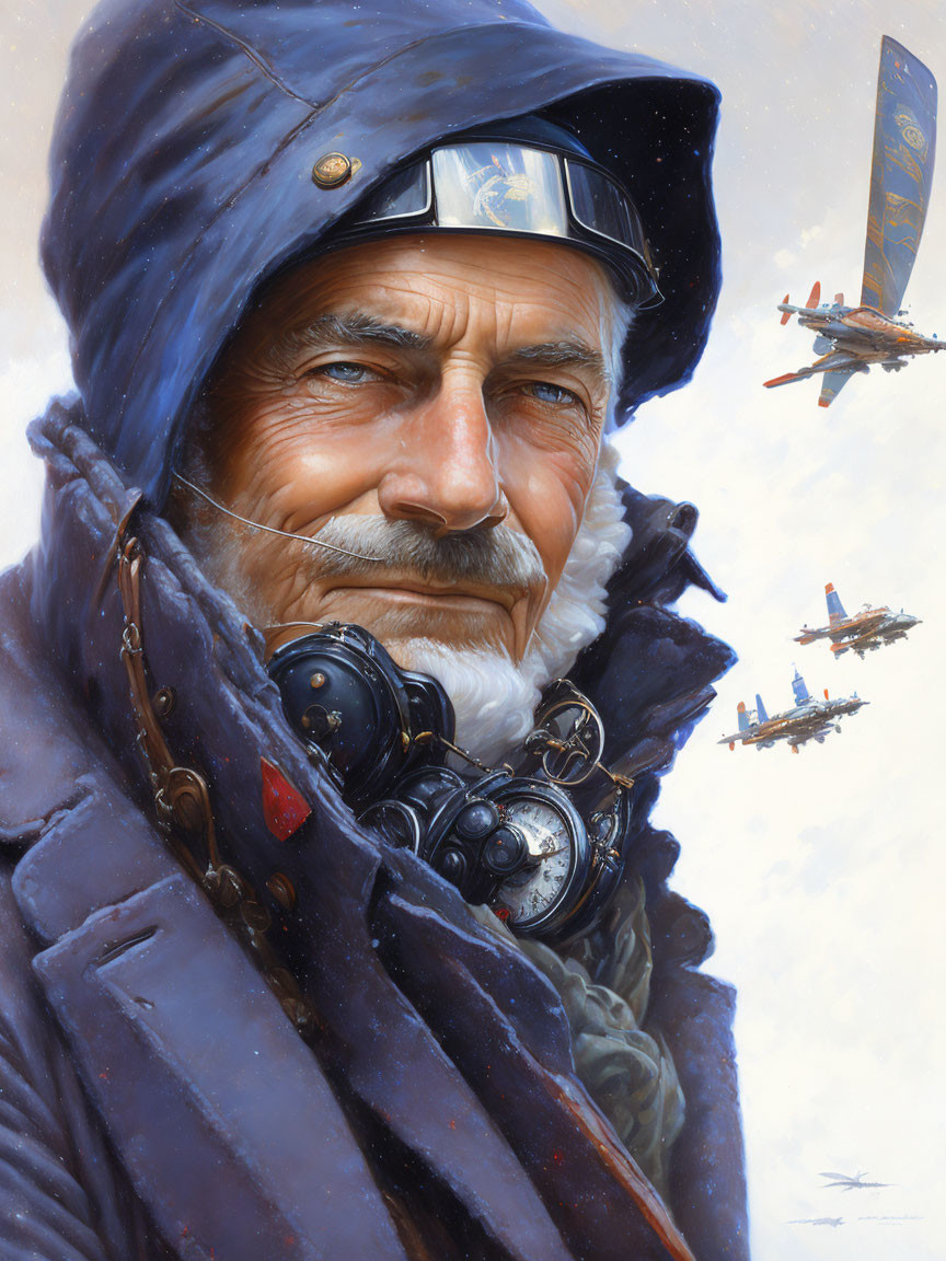 Weathered pilot in blue cap and goggles with graying beard, in blue flight jacket, vintage planes