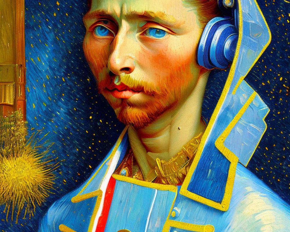 Vincent van Gogh's self-portrait with blue headphones and modern attire.
