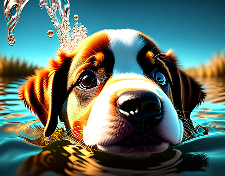 Cartoon-style dog paddling in water with big eyes, blue background