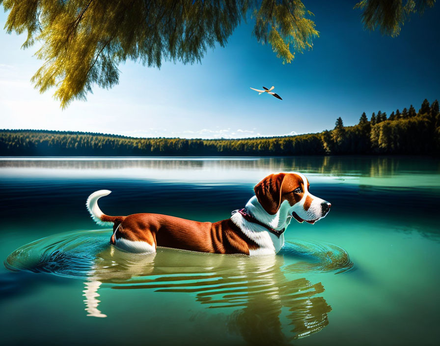 Beagle Dog in Clear Blue Water with Forest Background and Flying Bird
