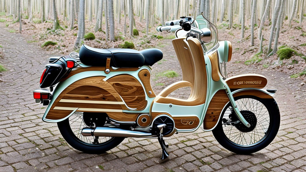 Vintage Beige and Wood Panel Scooter on Forest Path