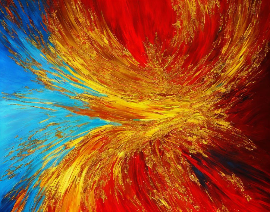 Colorful Abstract Painting with Red, Gold, and Blue Brush Strokes