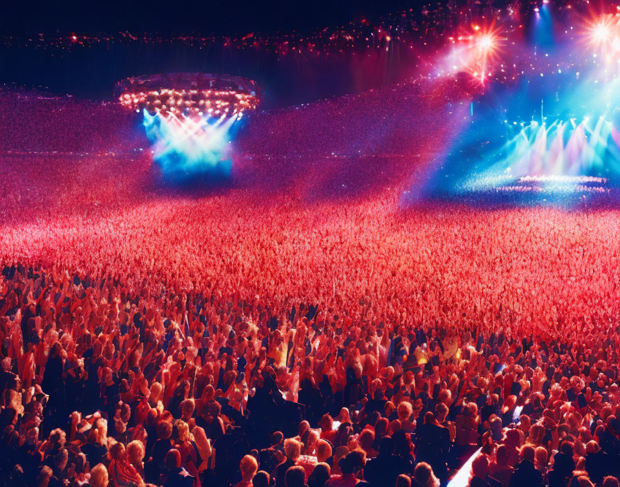 Crowded concert scene with stage lights and excitement