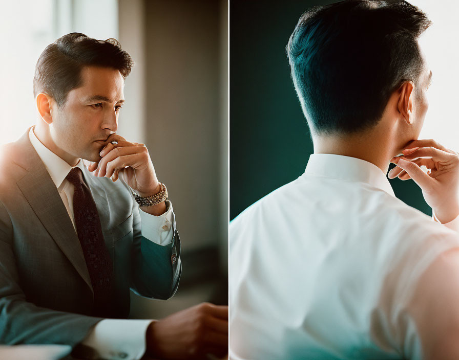 Man in suit gazes out window, adjusting earring in rear view