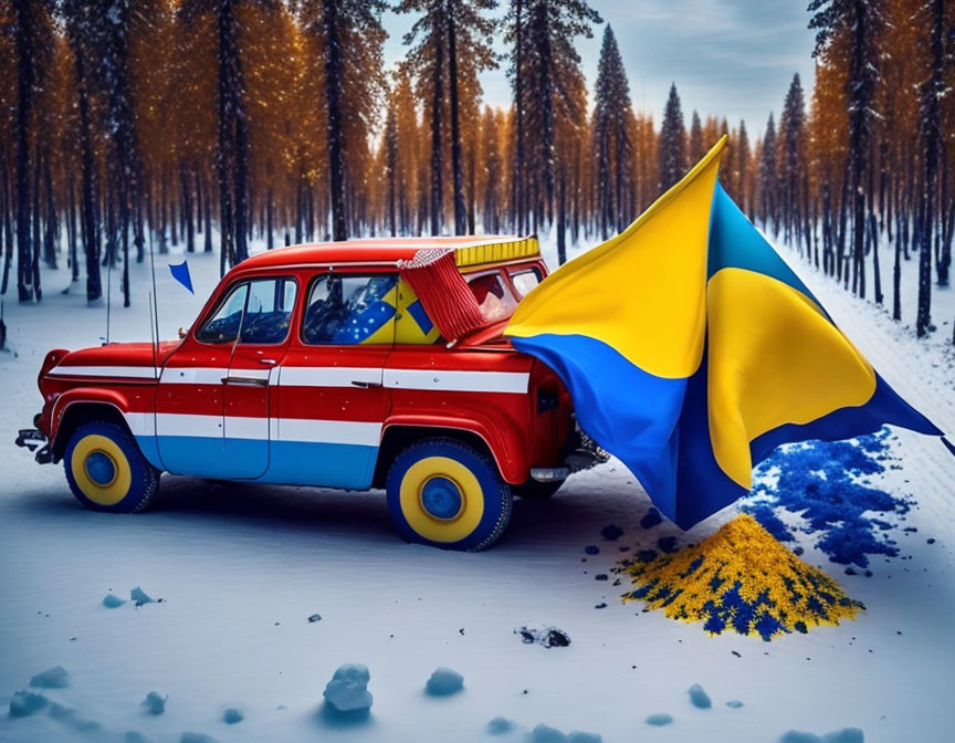 Vintage Car with Colorful Stripes and Ukrainian Flag in Snowy Forest