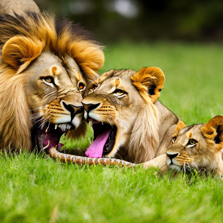 Male Lion Roaring Next to Female and Cub on Green Grass