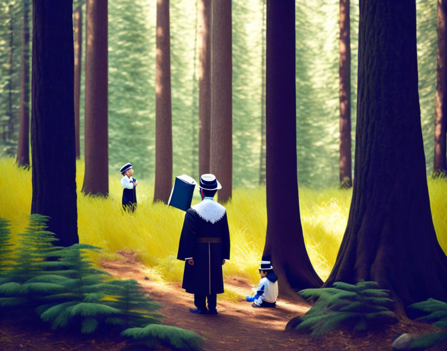 Vintage clothing trio explores fantastical forest with oversized trees