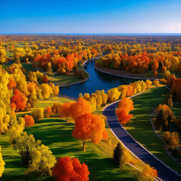 Vibrant autumn foliage along meandering river pathways