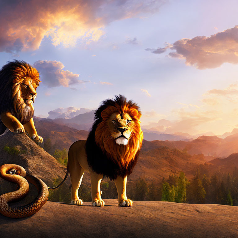Animated lions and snake on rock with sunset and mountains.