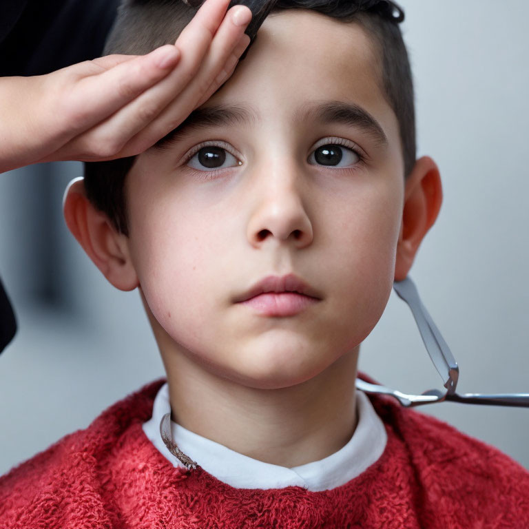 Young Boy Getting Haircut Holding Glasses with Hand on Forehead