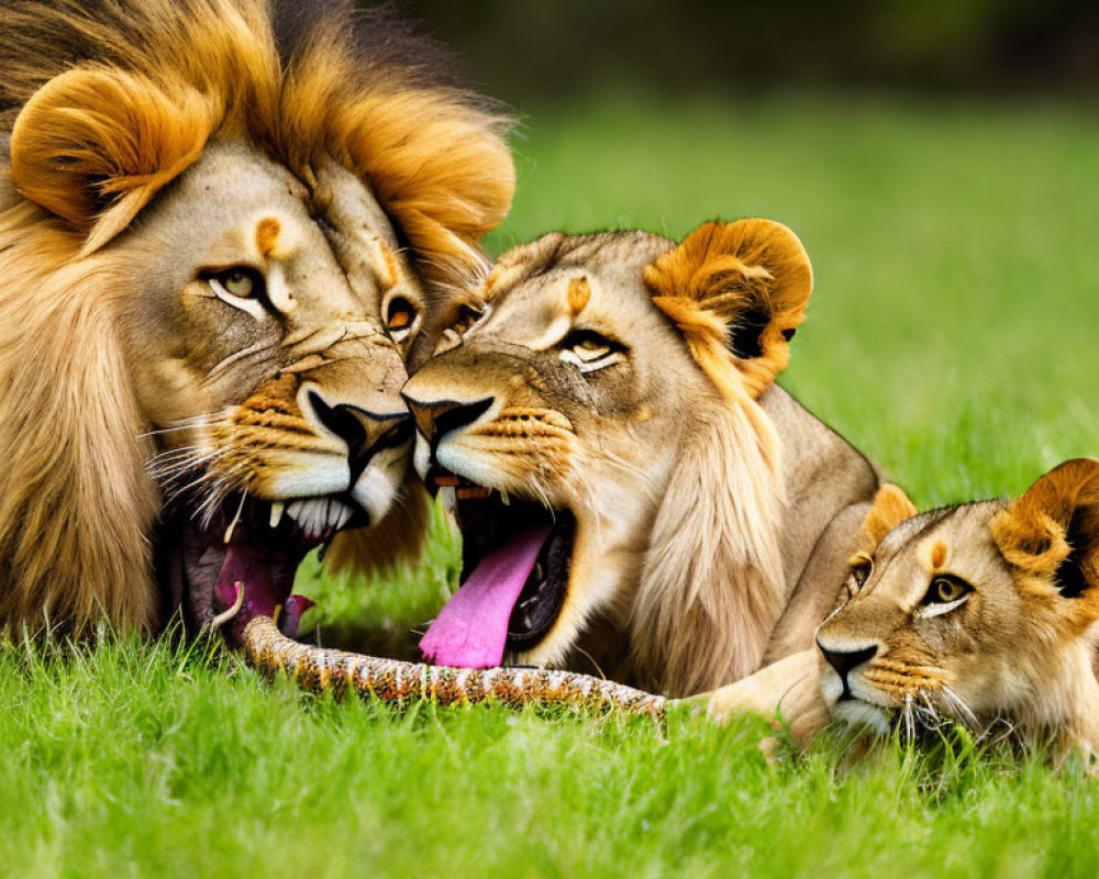 Male Lion Roaring Next to Female and Cub on Green Grass