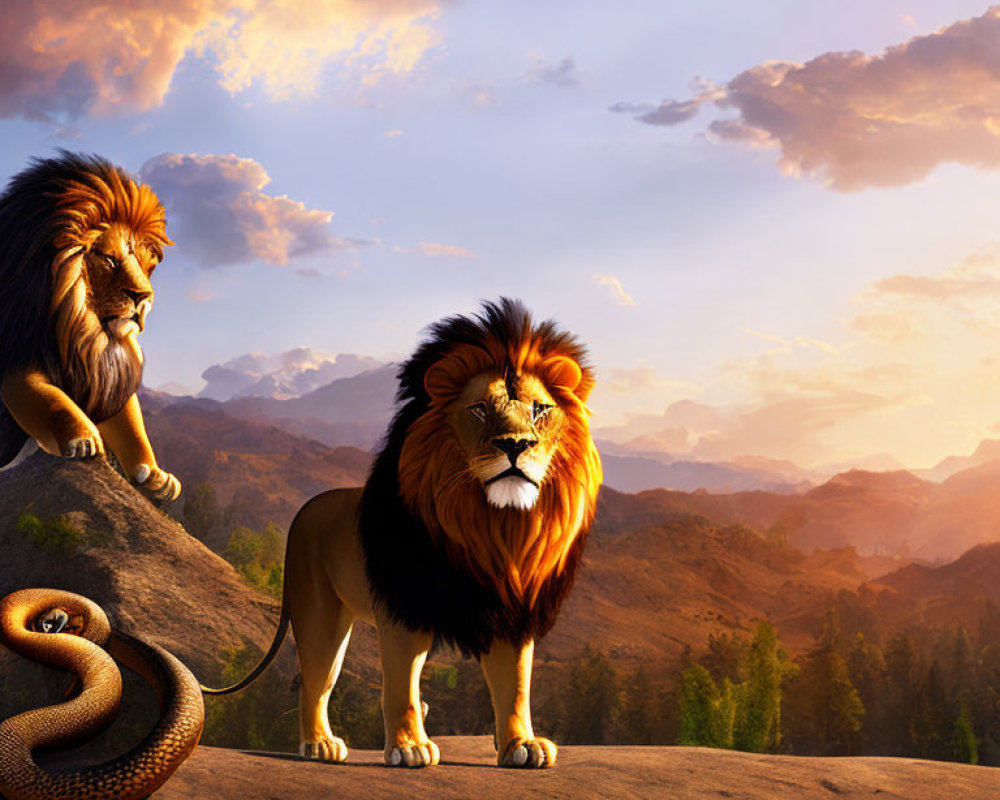Animated lions and snake on rock with sunset and mountains.
