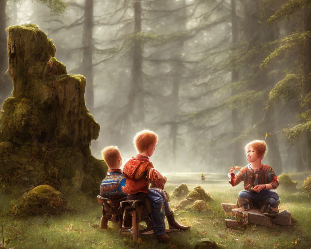 Children sitting on wooden stools in a mystic forest with sunlight and teddy bear.