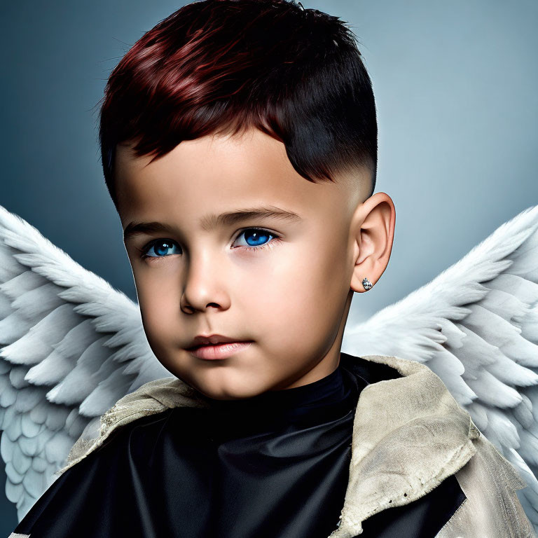 Young child with blue eyes, red-tipped haircut, black cape, and angel wings on blue background