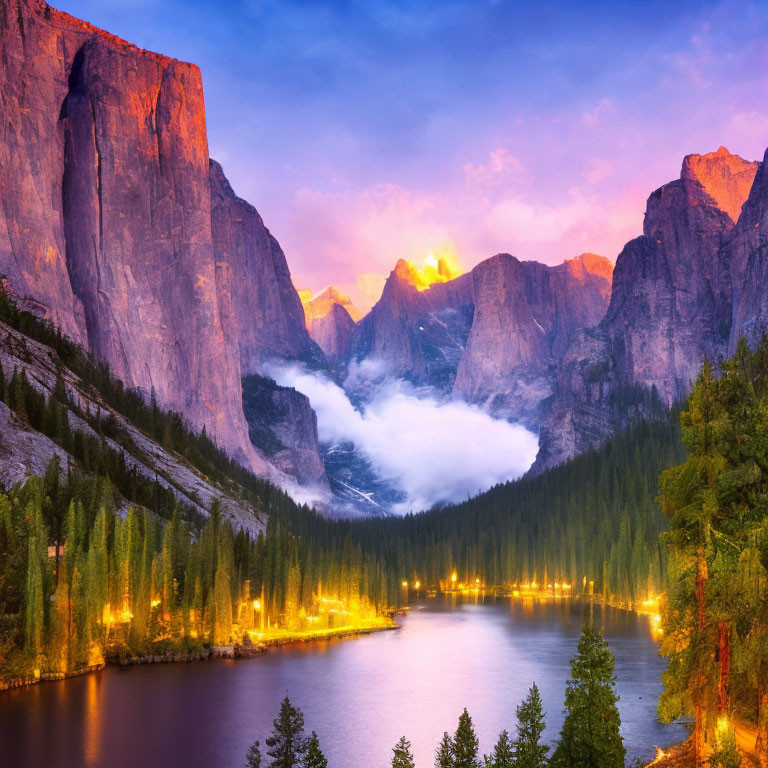 Tranquil Dawn Lake with Waterfall, Trees, and Cliffs