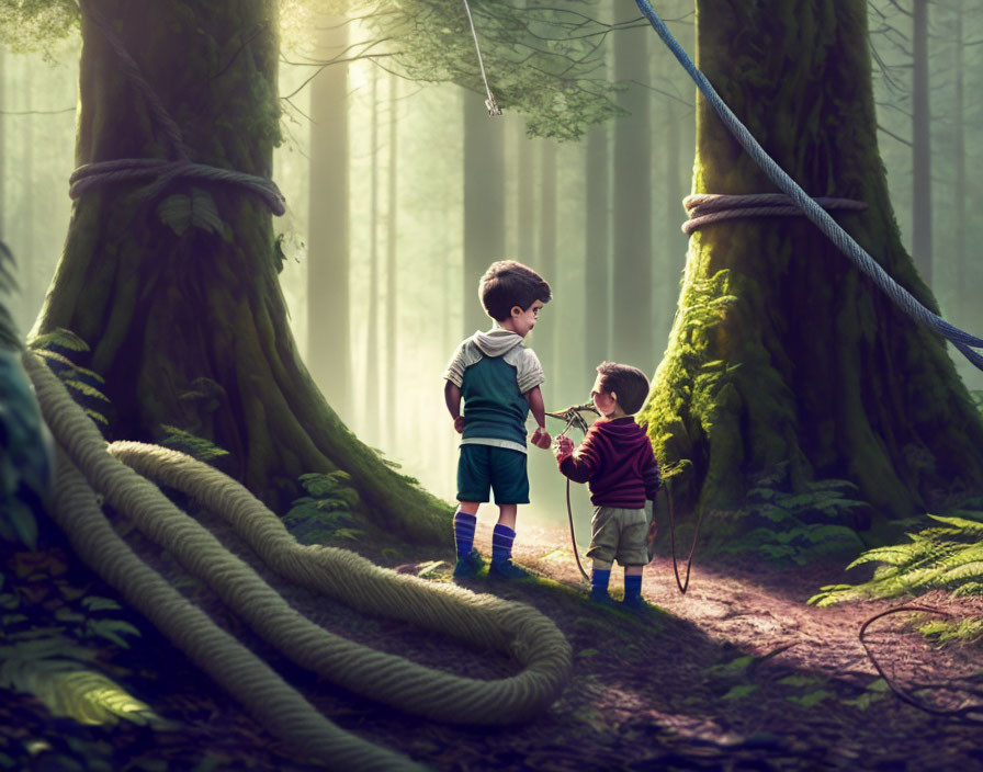 Children in magical forest with oversized tree roots and misty light.
