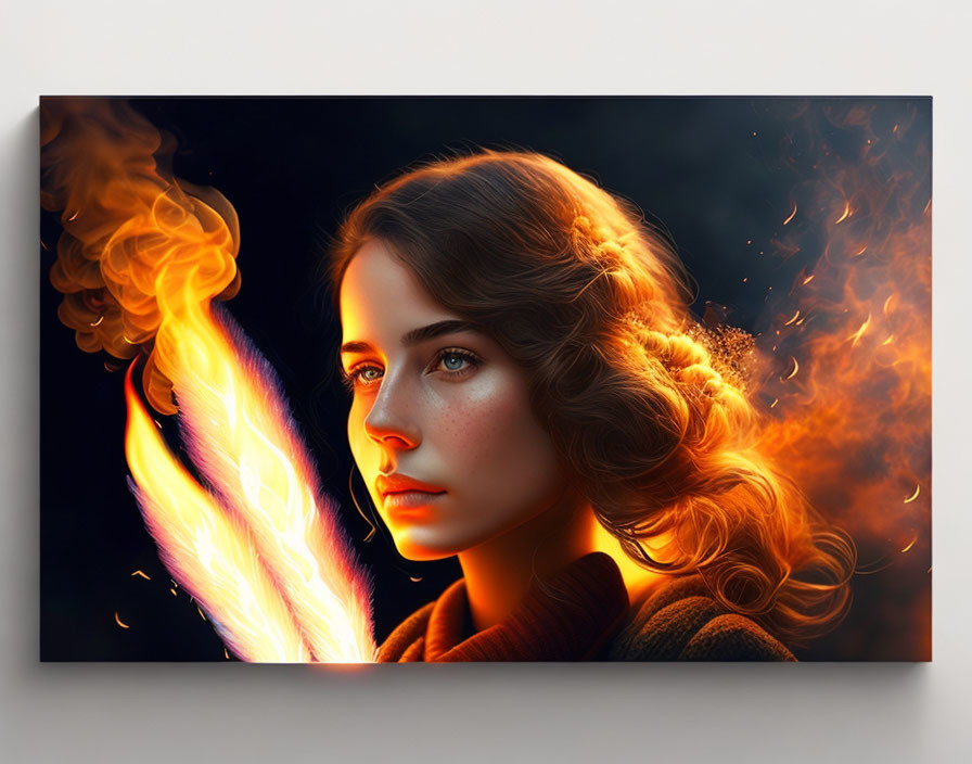 Digital artwork showcasing woman with fiery elements and intense gaze