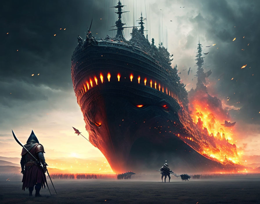 Warrior views giant burning ship in surreal sunset landscape