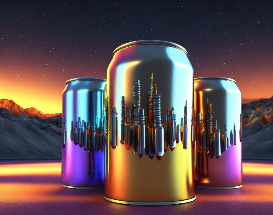 Reflective cityscape relief cans on illuminated surface with twilight mountain backdrop