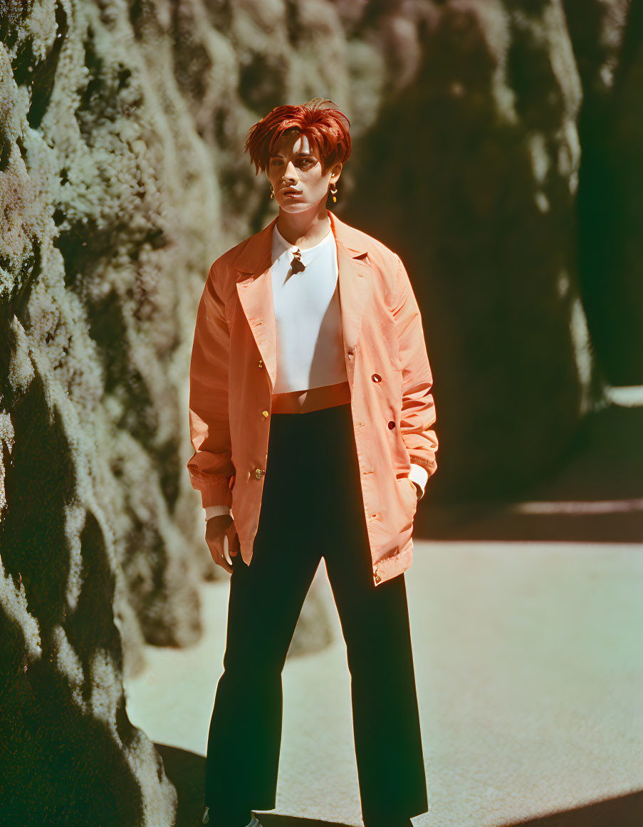 Red-haired person in white crop top, orange jacket, black trousers against rocky backdrop