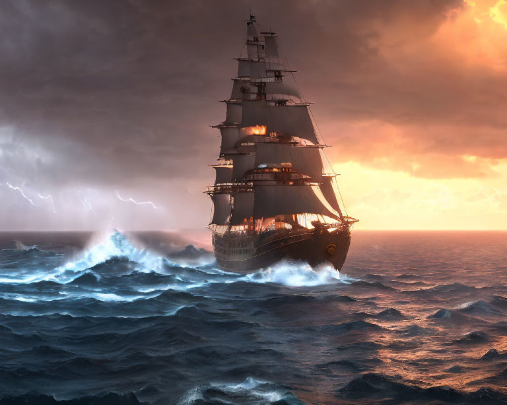 Tall ship sailing turbulent seas under dramatic sunset sky