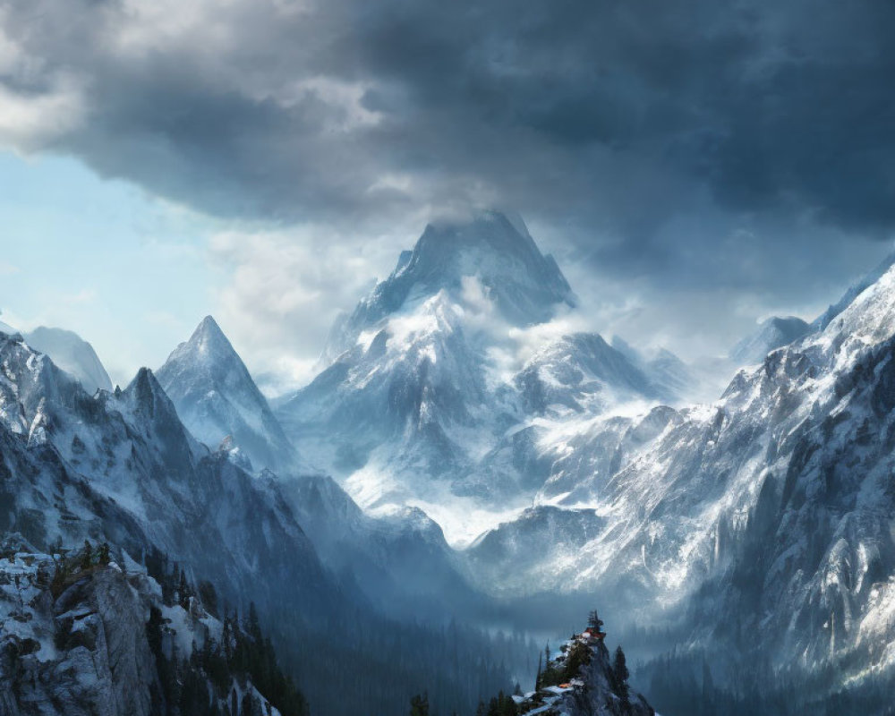 Snow-covered mountain range under dramatic cloudy sky with sunlight piercing through, small structure on forested outcrop