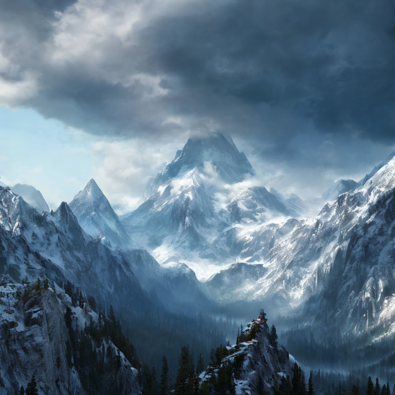 Snow-covered mountain range under dramatic cloudy sky with sunlight piercing through, small structure on forested outcrop