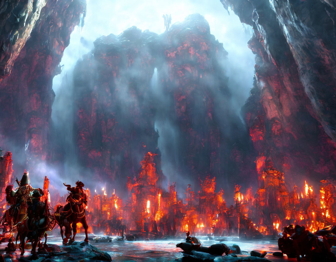 Volcanic cave with glowing lava field and silhouetted figures