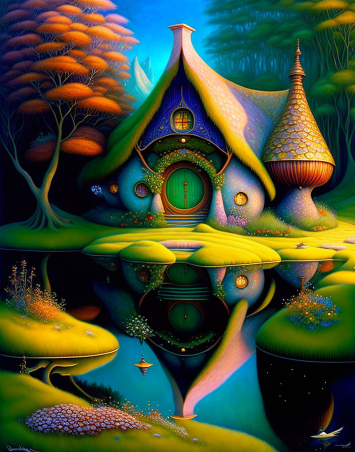 Colorful Fantasy House Painting with Pointed Roof and Circular Windows